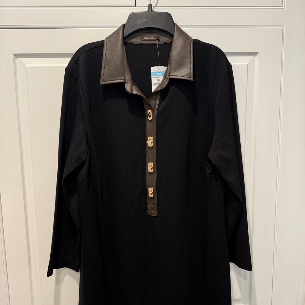 J. McLaughlin Black Falcon Dress with faux leather trim collar and gold buttons